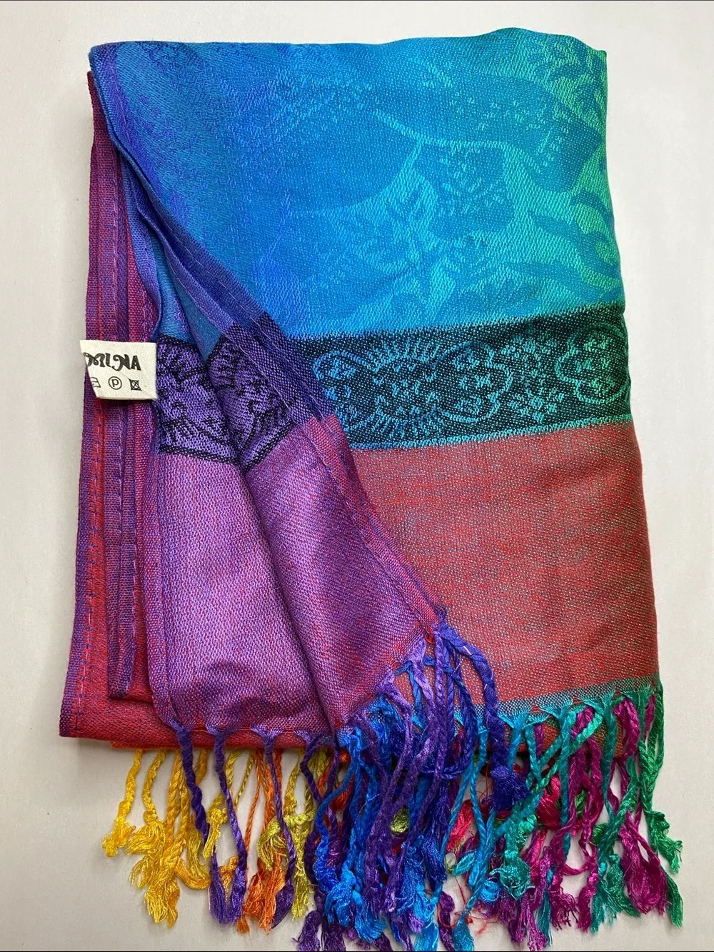 NWOT Pashmina Colorful Rainbow Elephant Print Classic Fringe Scarf 80”X 28”
